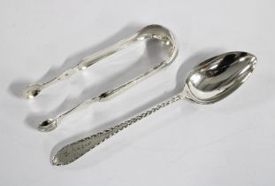 Scottish provincial silver pointed end dessert spoon, bright cut engraved Old English pattern,