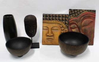 Mixed lot to include an African mask, bowls & buddha wall plaques. (6)