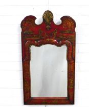 Georgian style red lacquered and parcel gilt wall mirror in the chinoiserie manner, 43 x 77cm.