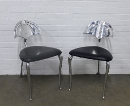 Pair of modern chairs, with pierced aluminium backs and frame and vinyl upholstered seats, 78 x