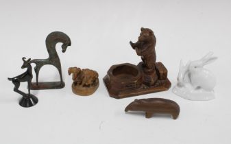 Austrian bronze antelope, Black Forest bear, carved wooden group of two dachshunds, Hungarian