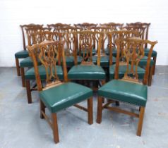 Set of fourteen Chippendale style side chairs of recent construction, with green vinyl