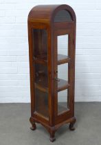 Modern hardwood display cabinet, arched top and with glazed panels, shelved interior, 33 x 120 x
