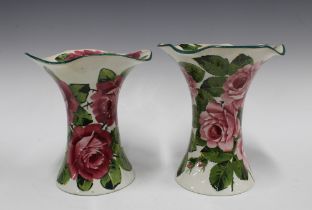 TWO WEMYSS LADY EVA VASES, painted with cabbage roses and with green rims, script marks to base (