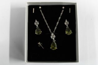 Gemset necklace and earrings and two pairs of paste silver earrings and one 18ct stud earring