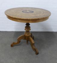 19th century Italian parquetry inlaid centre table, likely Sorrento, the circular top with a bird to