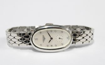 LONGINES, ladies stainless steel wristwatch, signed mother of pearl dial with diamond hour markers