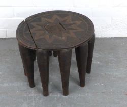 Nupe West African table, circular carved top with a removable section to centre, 39 x 30cm