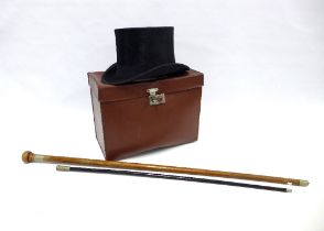 Kirsop & Son, Glasgow top hat in carry case, together with a walking stick and a swagger stick.