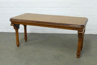 Gothic Revival oak bench / table, rectangular canted top on stylised side supports with ring