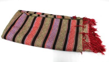 Kashmir shawl, silk embroidered floral bands interspersed with black stripes, fringed ends, 180cm