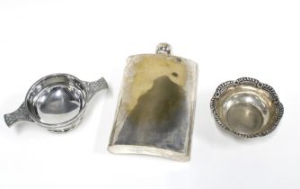 A large silver plated hip flask, Epns quaich and a small bowl, stamped silver (3)