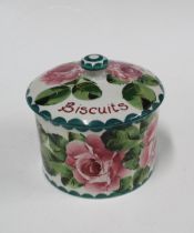 WEMYSS Biscuits barrel and cover, hand painted with cabbage roses, , painted & impressed marks, 13 x