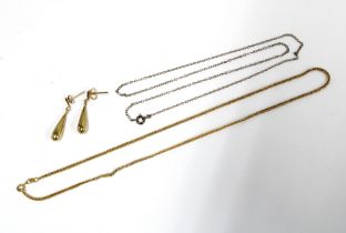 9ct gold chain necklace, a pair of earrings and a silver chain (3)