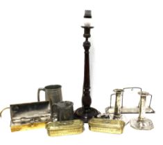 Mixed lot, including a wooden table lamp, silver plate candlesticks, a French brass curling tongs