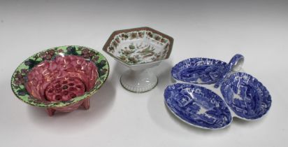 Maling flower posy bowl, blue and white transfer printed trefoil dish and a comport (3) 29cm.