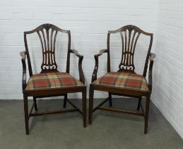 Pair of mahogany Hepplewhite style open armchairs, with upholstered drop in seats, 60 x 97 x