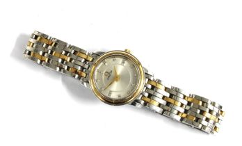 OMEGA, ladies bi metal stainless steel wristwatch, signed champagne dial with diamond hour