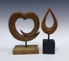 Two contemporary wooden sculptures on plinth bases, taller 27cm (2)