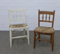 Two childs chairs with woven rush seats, one painted white, , 36 x 66cm. (2)