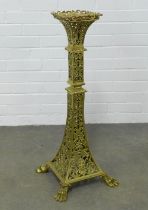 Pierced brass column with square top and standing on claw feet, 37 x 84cm.