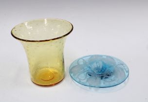 Whitefriars amber glass bubble vase and a blue glass dish with dragonfly pattern (2) 16 x 15cm.
