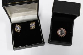 A pair of 9ct gold gemset earrings and a 9ct gold dress ring (2)