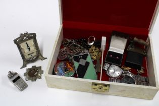 Vintage jewellery box and contents to include a perpetual desk calendar, Acme Thunderer whistle, cap