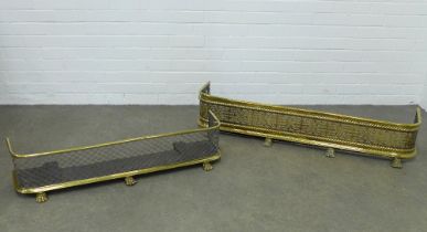 Two brass fenders with hairy paw feet, 120 x 34cm. (2)