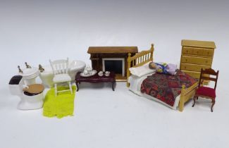 Box containing a collection of dollhouse furniture, etc