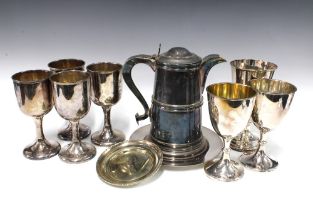 A collection of ecclesiastical silver plated & Epns wares to include 7 goblets, a lidded flagon