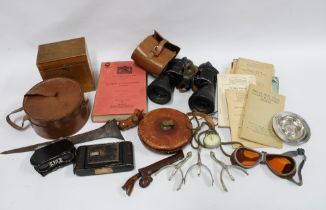 Carton containing vintage binoculars, camera, vintage tape measure etc.