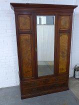 Mahogany and burr walnut mirror door wardrobe, 136 x 208 x 60cm.