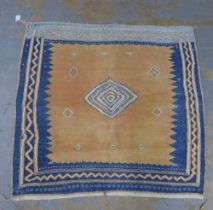 Persian Sofreh Kelim, terracotta field with central medallion and blue hand knotted border, 123 x