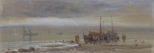 M. MARTIN, Untitled watercolour of a shore scene, signed and framed under glass, 35 x 12cm