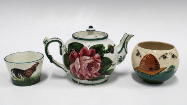 Wemyss pottery miniature teapot painted with cabbage roses and a cockerel 'Bon Jour' bowl, both