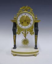 French gilt brass and white hardstone Portico mantle clock, movement stamped Rack, France, 37cm