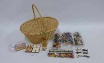 Vintage game pieces to include draughts, chess, lead horses, counters and playing cards, etc, (a