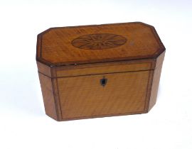 19th century mahogany tea caddy, hinged top with an inlaid paterae, lead lined interior with two