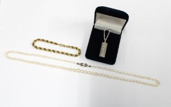 Rope twist bracelet , stamped 585, a silver hallmarked ingot pendant on chain and a strand of faux