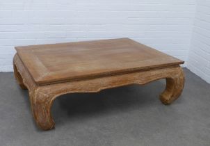 Chinese bleached elm low coffee table, 128 x 45 x 95cm.