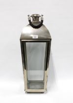 Large brushed metal storm light / candle lantern, with glazed panels, rope handle, 63cm