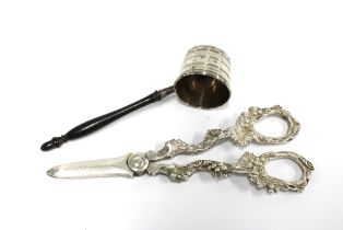 George VI silver grape scissors, Sheffield 1939 and a white metal sifter in the form of a pail