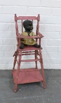 Vintage pink painted wooden doll's chair, 62cm high, with small doll (2)