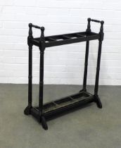 19th century ebonised umbrella / stick stand, four divisions with original drip tray, 66 x 80 x