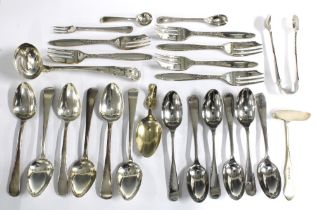 Six Georgian silver teaspoons, Old English pattern, sheffield silver sugar tongs, an Edinburgh