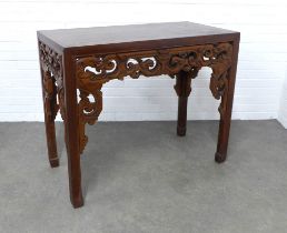 Chinoiserie hardwood altar table with dragon carved frieze, standing on stylised legs, 107 x 89 x