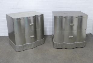 Pair of contemporary silvered bedsides, with curved drawers and Art Deco stylised bases, 61 x 65 x