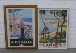 Reproduction travel posters to include Cannes, Cote D'Azur and Australia , framed under glass, 56