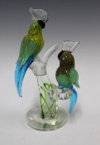 Art glass group of two perched birds, likely by Murano, 16 x 29cm.